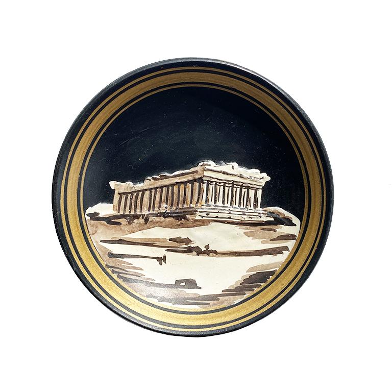 Vintage Round Black Jasper Clay Grand Tour Greek Plate Set, Set of 4 In Good Condition In Oklahoma City, OK
