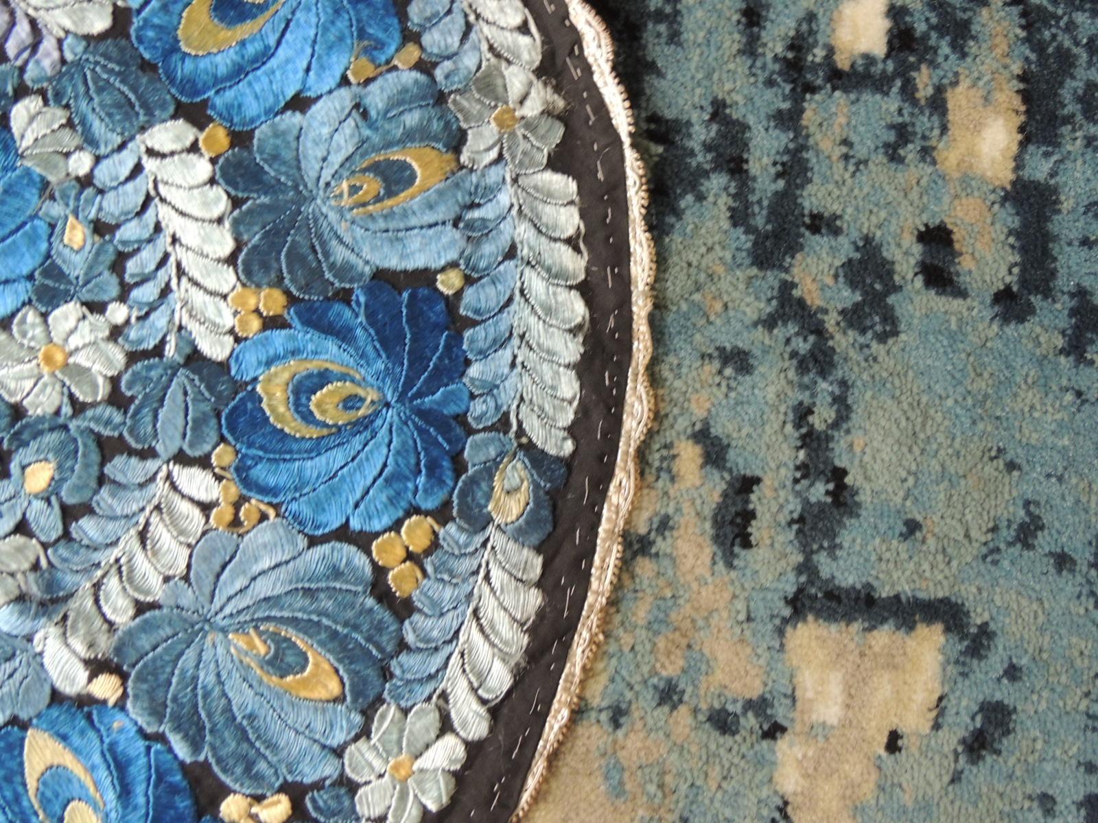 Bohemian Vintage Round Blue and Black Silk Embroidered Table Topper