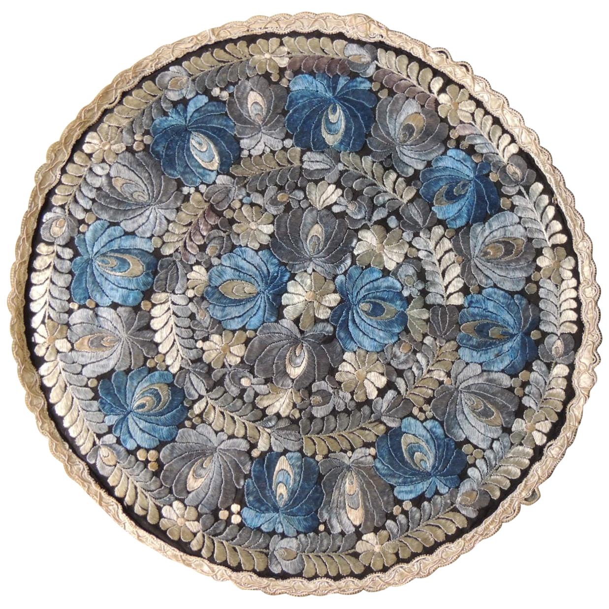 Vintage Round Blue and Black Silk Embroidered Table Topper