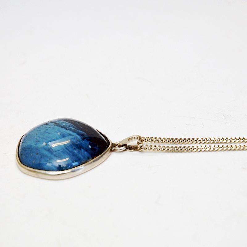 Swedish Vintage Round Blue Stone Silverpendant by Skreij J E Ab, Sweden, 1970s For Sale