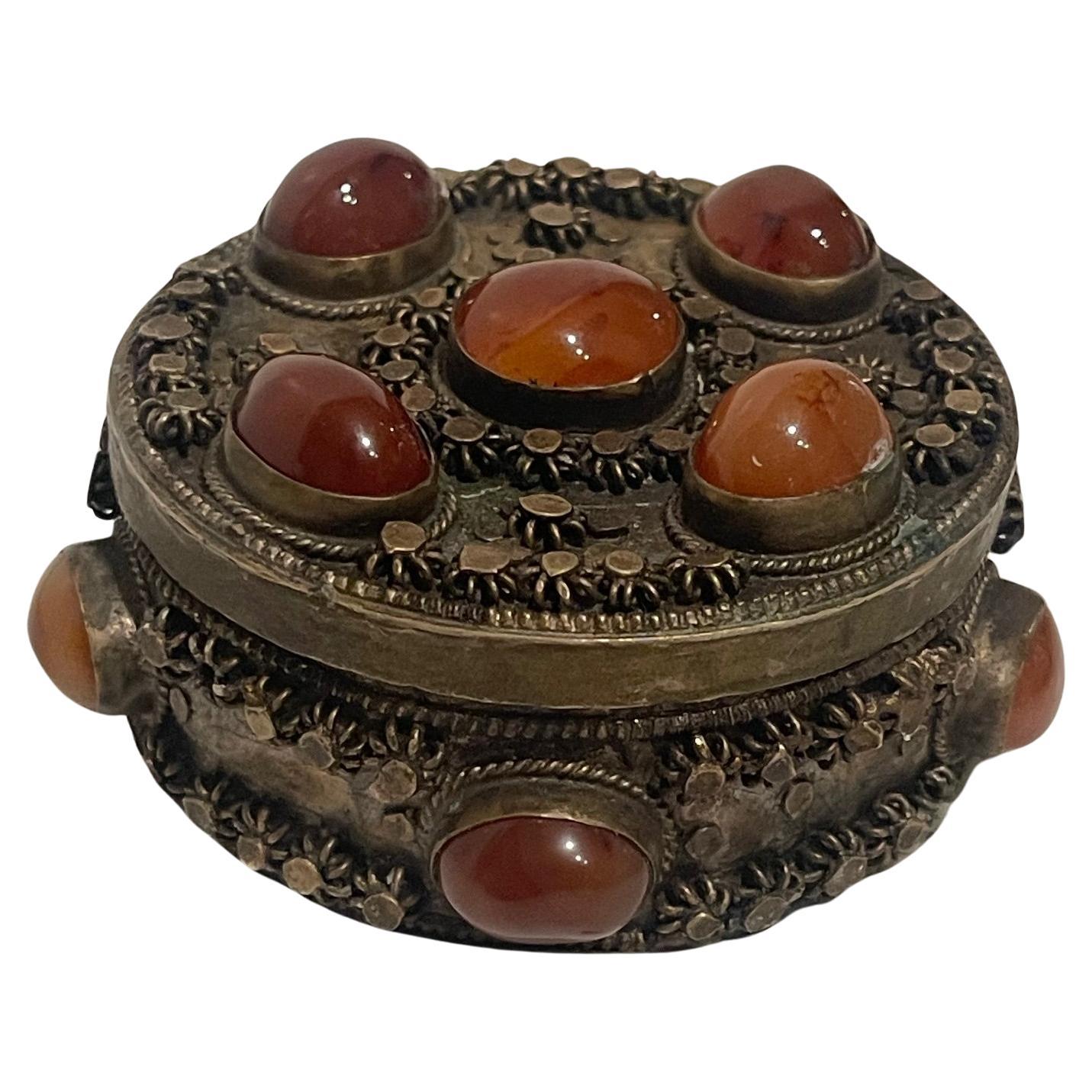 Vintage Round Box with Agate Stones, 20th Century For Sale