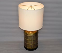 Vintage Round Brass and Ebonized Wood Table Lamp Mid-Century Modern