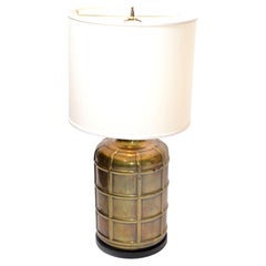 Vintage Round Brass and Ebonized Wood Table Lamp Mid-Century Modern