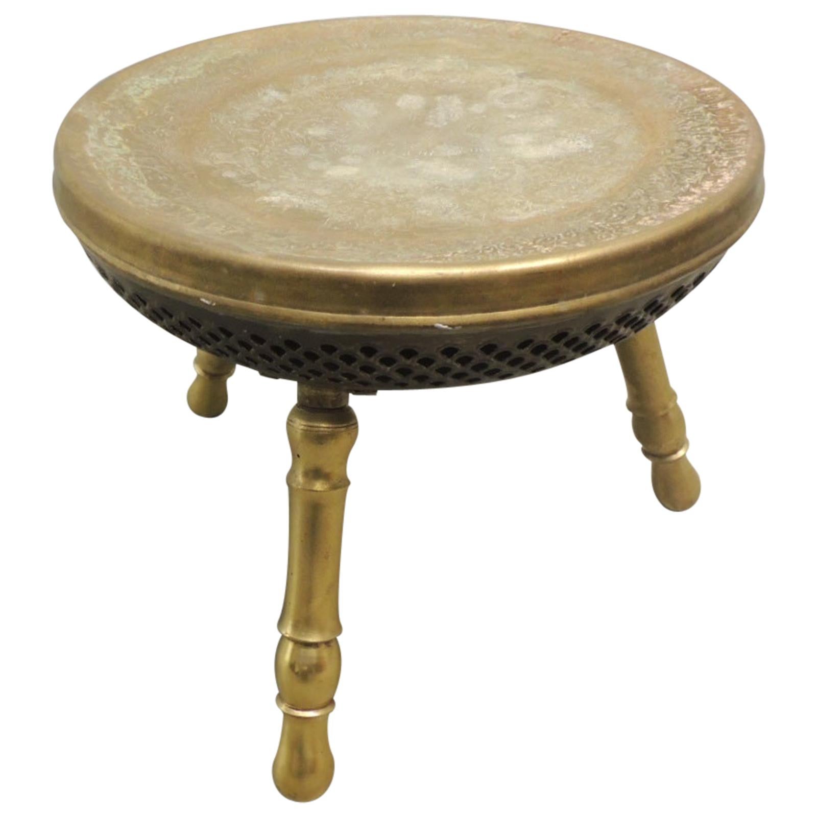 Vintage Round Brass Indian Stool with Tripod Legs