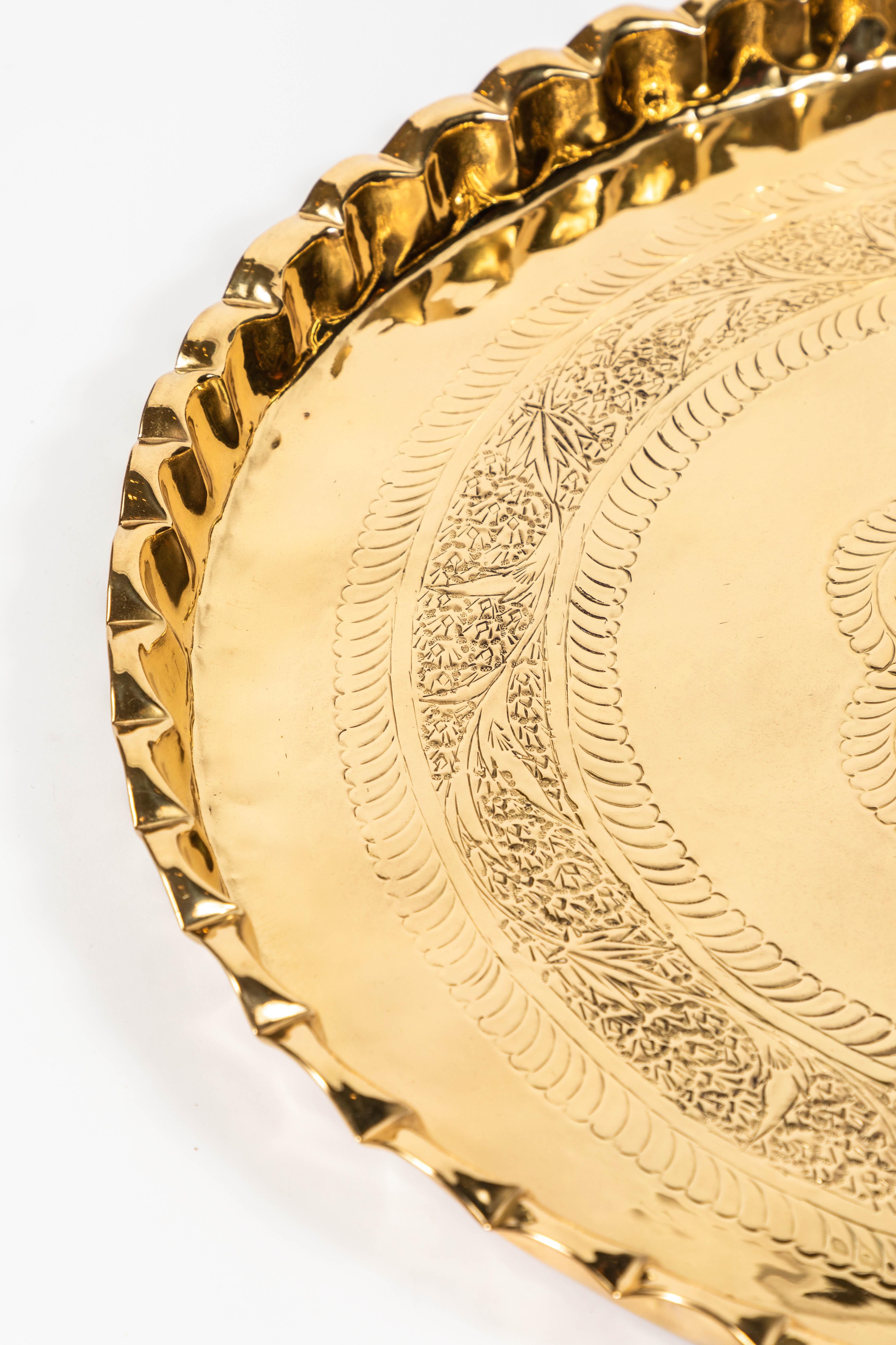 20th Century Vintage Round Brass Tray with Fluted Edges