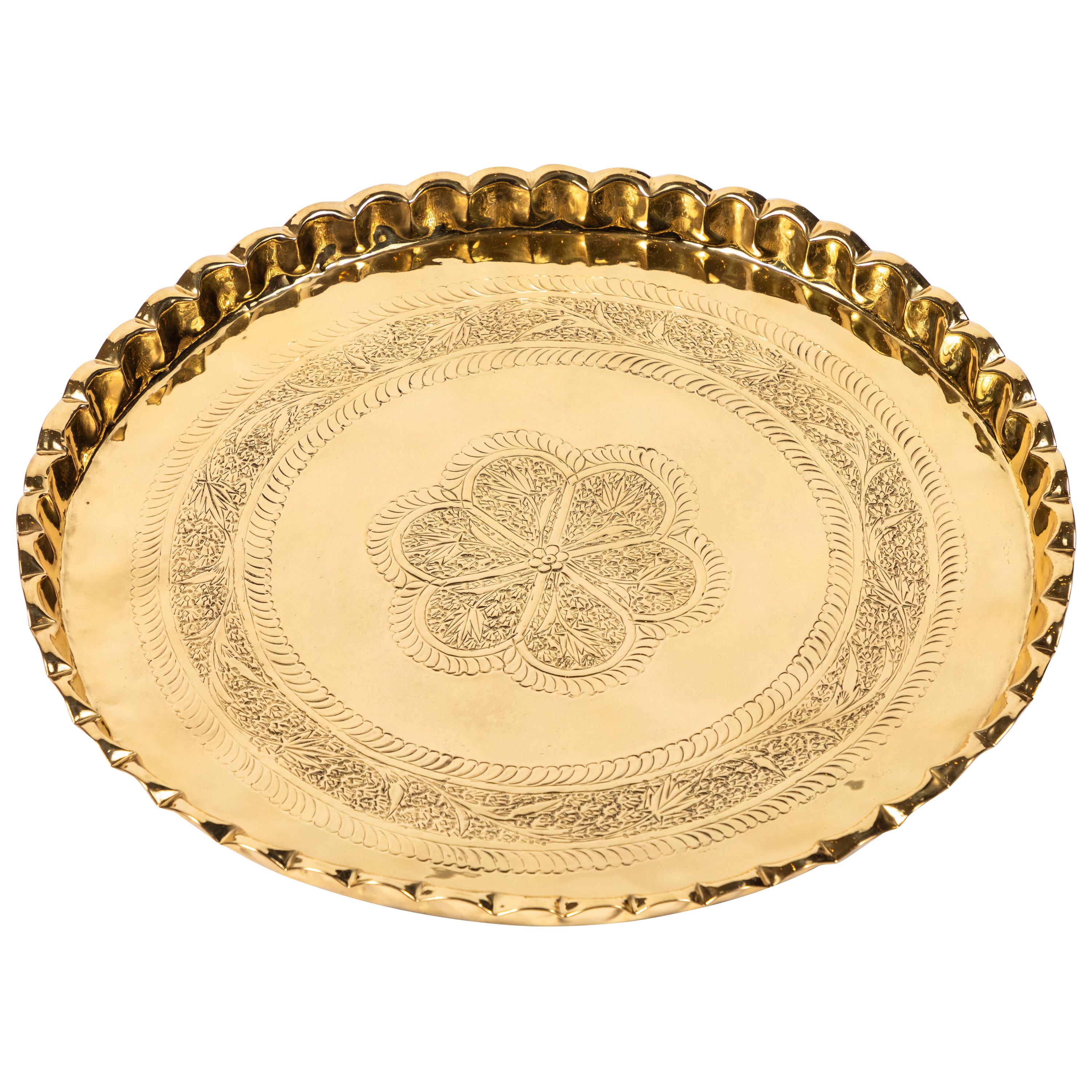 Vintage Round Brass Tray with Fluted Edges