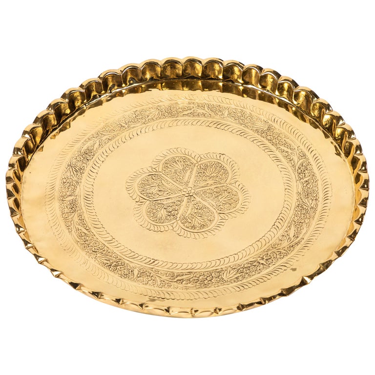 Vintage Round Brass Tray with Fluted Edges at 1stDibs