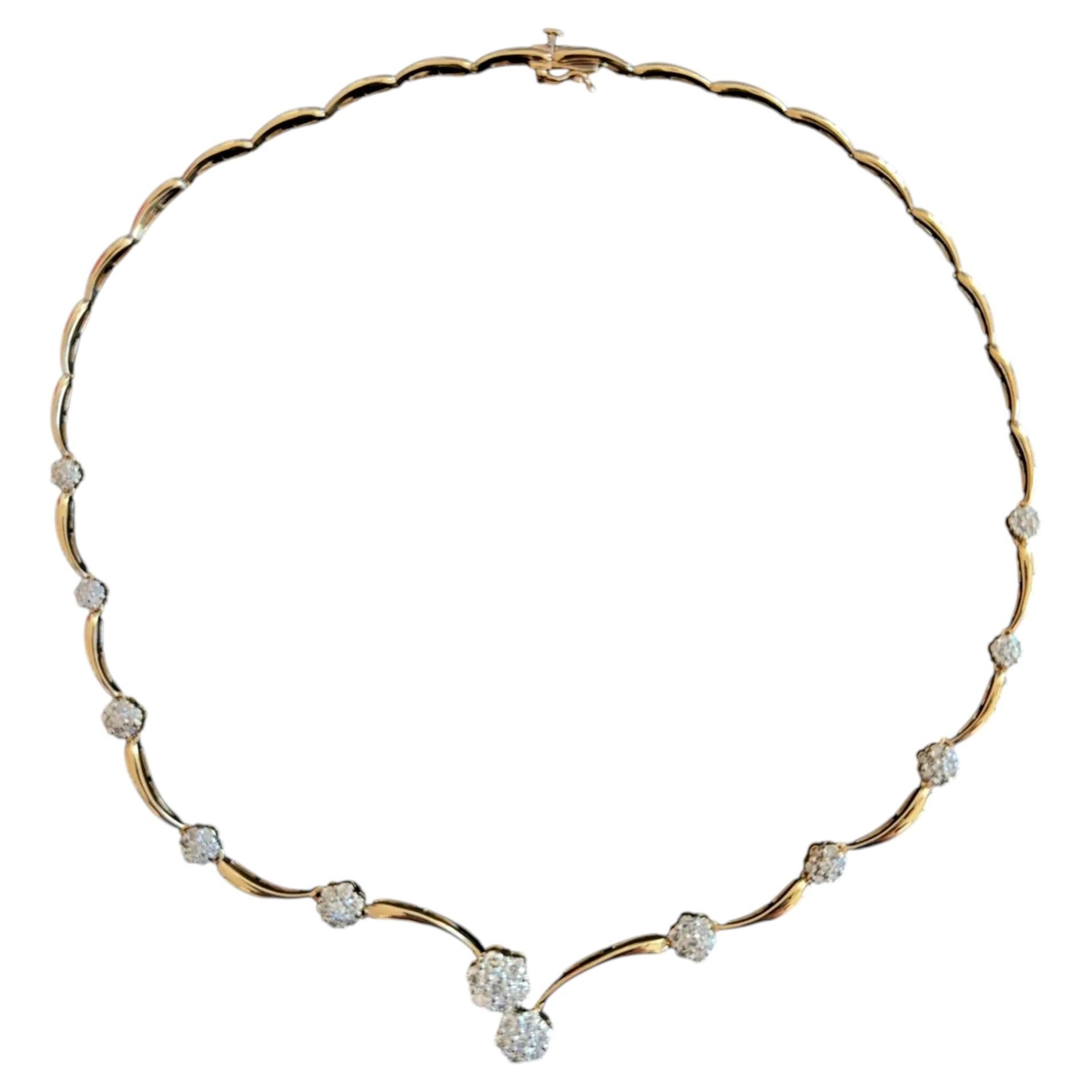 Vintage Round Brilliant Cut Diamond Cluster Station Gold Choker Necklace For Sale