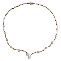 Vintage Round Brilliant Cut Diamond Cluster Station Gold Choker Necklace