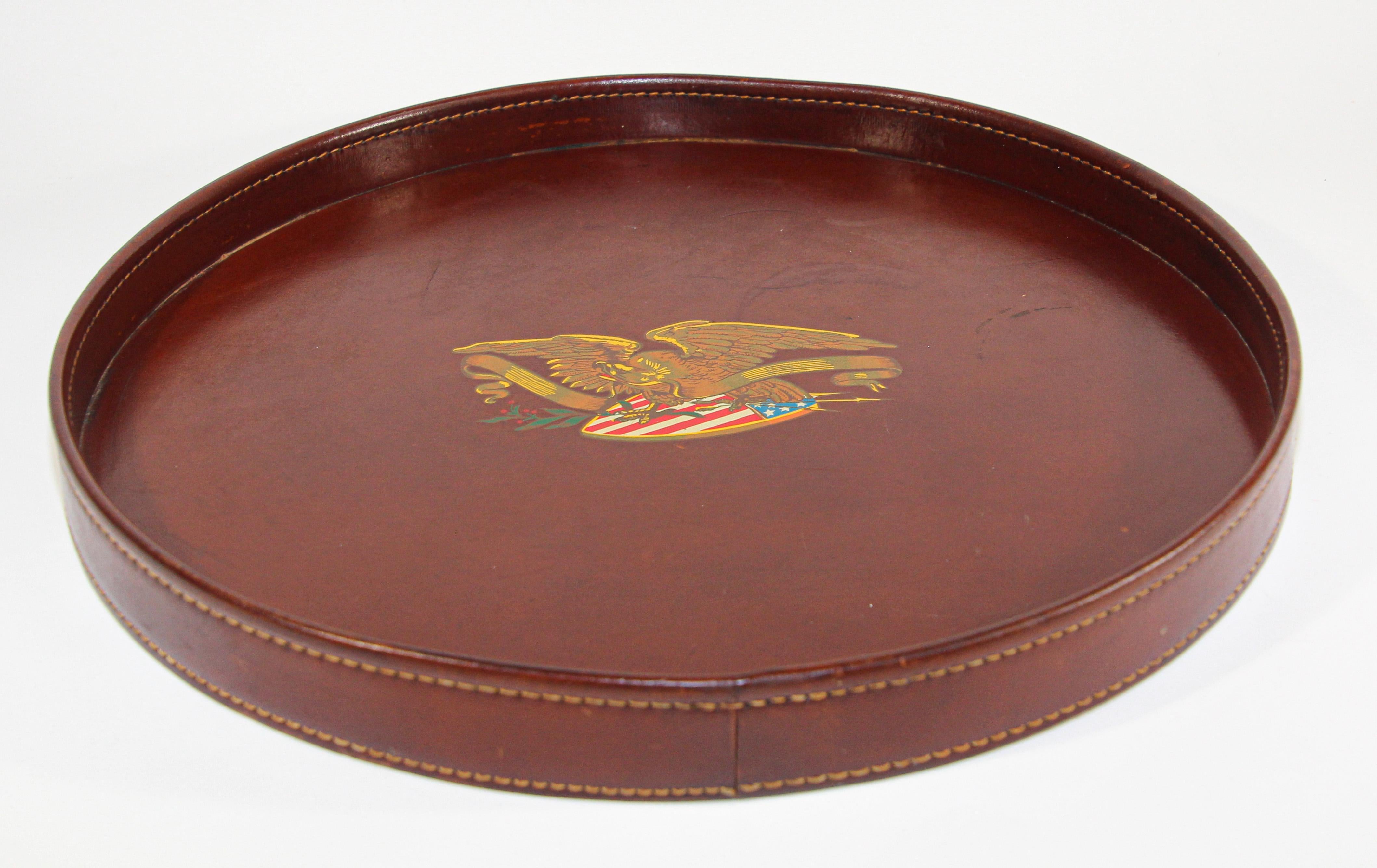 Vintage Round Brown Leather Tray with The American Bold Eagle and US Flag For Sale 3