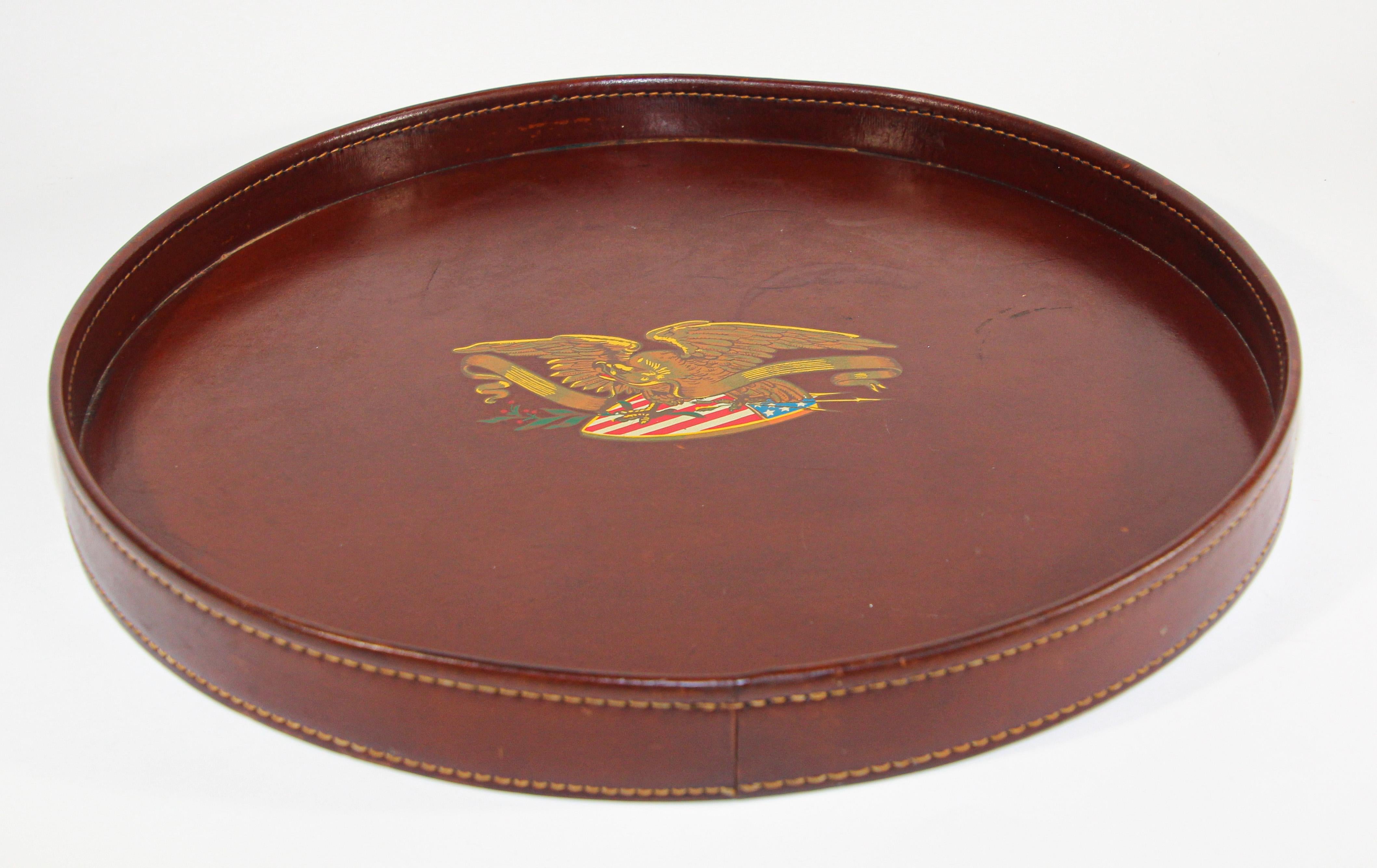 Vintage Round Brown Leather Tray with The American Bold Eagle and US Flag 3