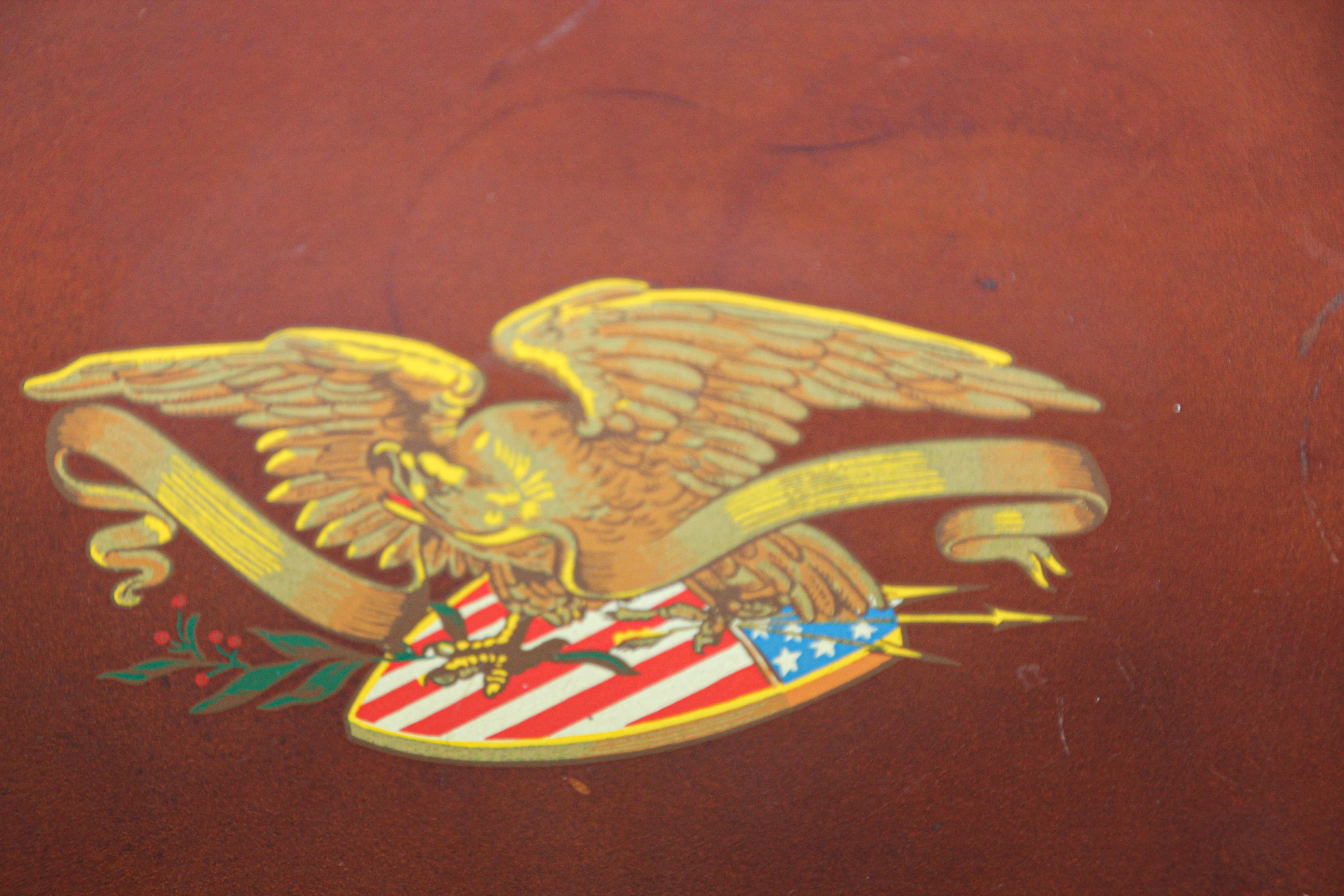 Arts and Crafts Vintage Round Brown Leather Tray with The American Bold Eagle and US Flag For Sale