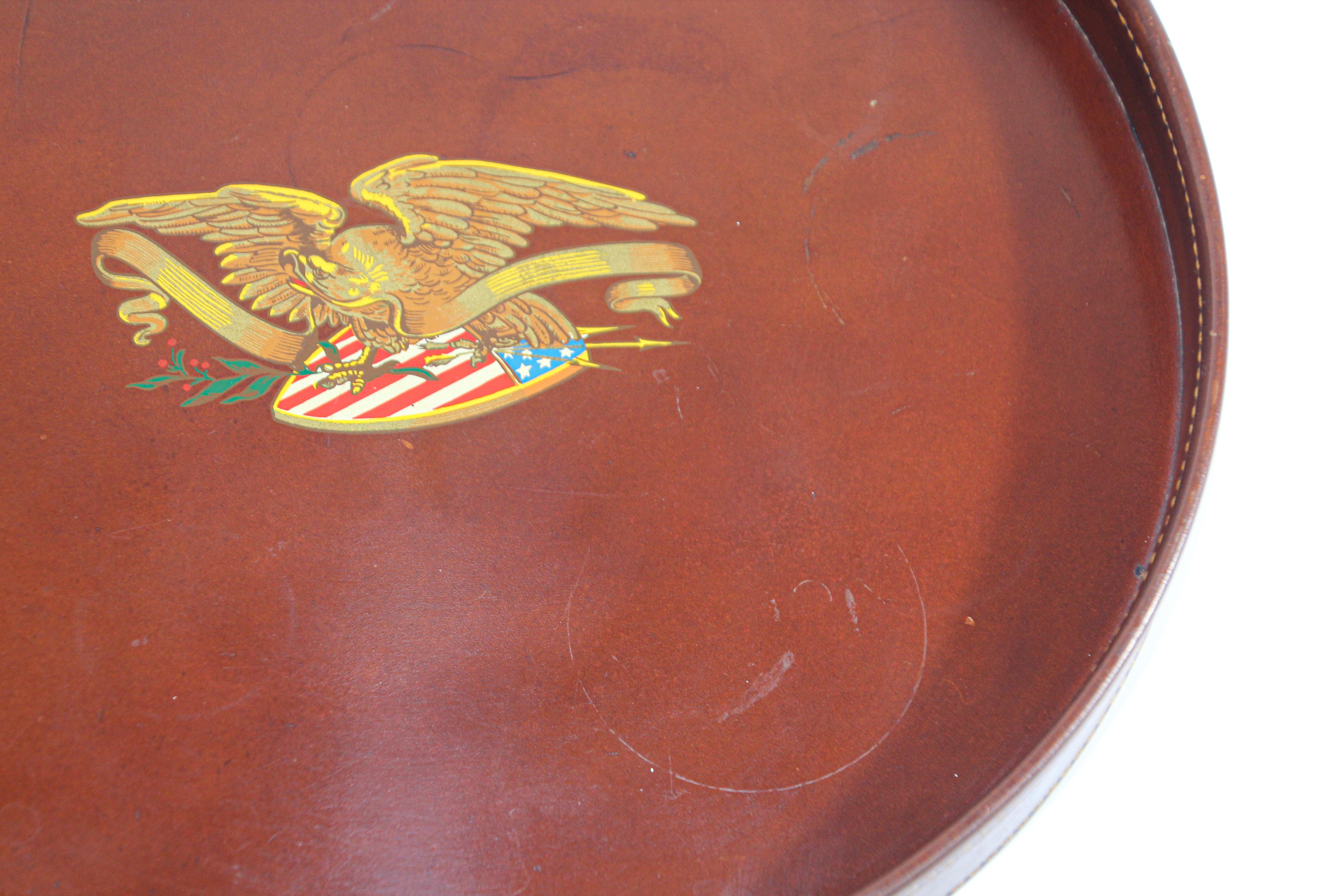 Hand-Crafted Vintage Round Brown Leather Tray with The American Bold Eagle and US Flag For Sale