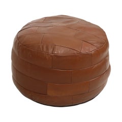 Vintage Round Brown Pouf Ottoman Patchwork Faux Leather