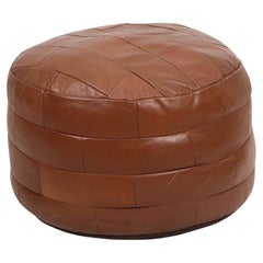 Vintage Round Brown Pouf Ottoman Patchwork Faux Leather