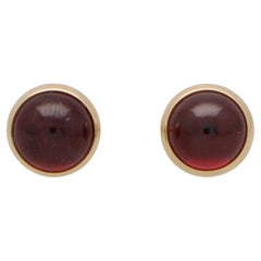 Vintage Round Cabochon Garnet Stud Earrings Set in 14k Yellow Gold