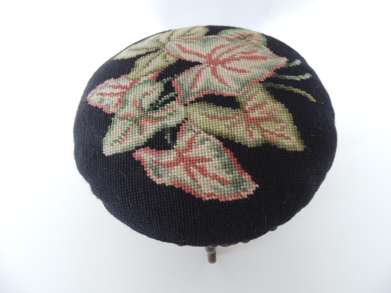 Bohemian Vintage Round Caladium Leaves Tapestry Footstool with Brass Legs