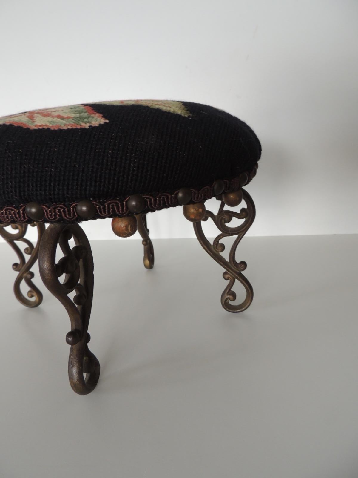 Ecuadorean Vintage Round Caladium Leaves Tapestry Footstool with Brass Legs