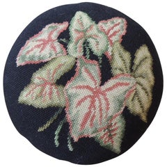 Vintage Round Caladium Leaves Tapestry Footstool with Brass Legs