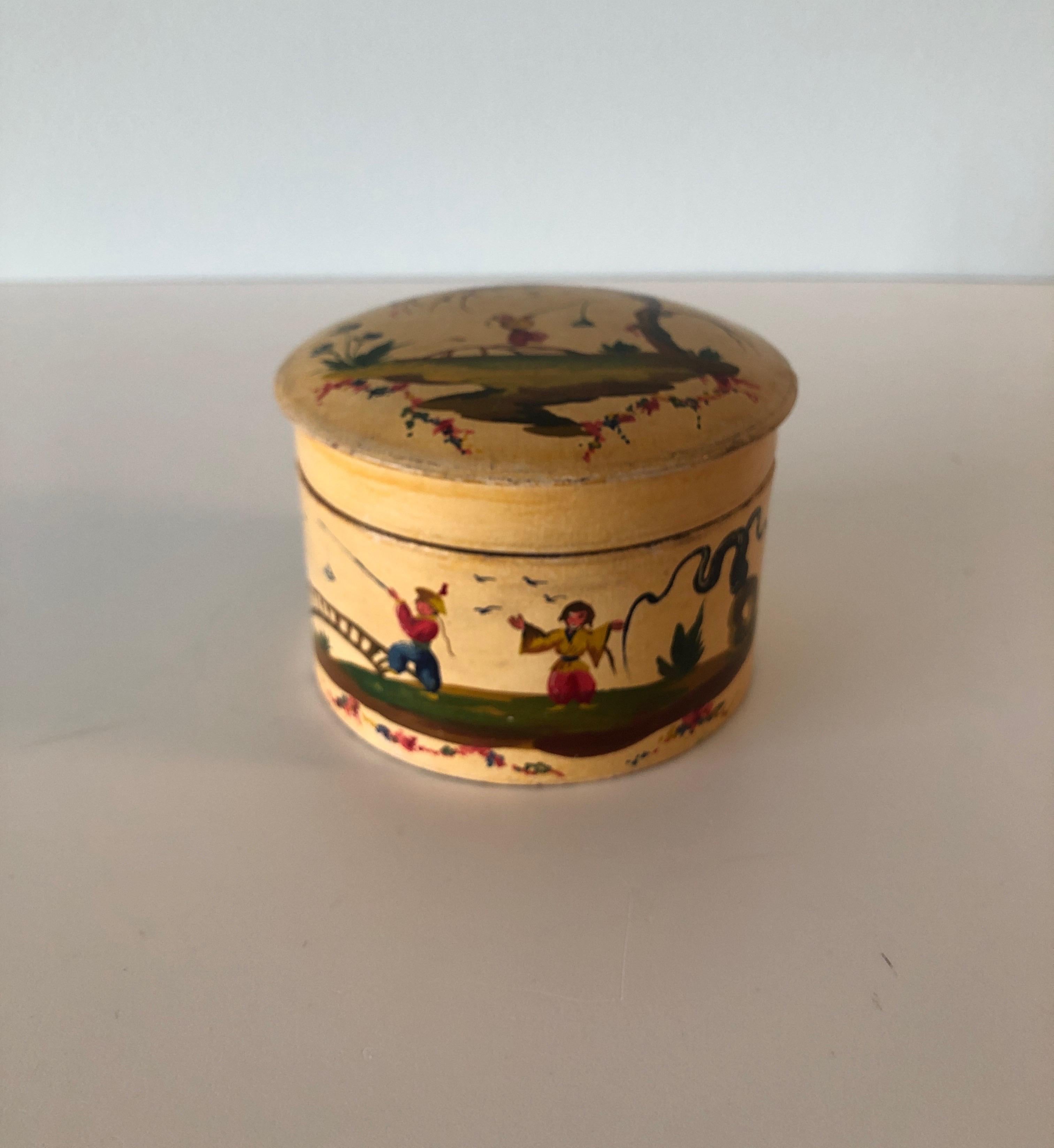 Vintage round Chinoiserie theme decorative box with lid.
Lined with marbleize paper and hand painted garden scene.
Size: 4.25