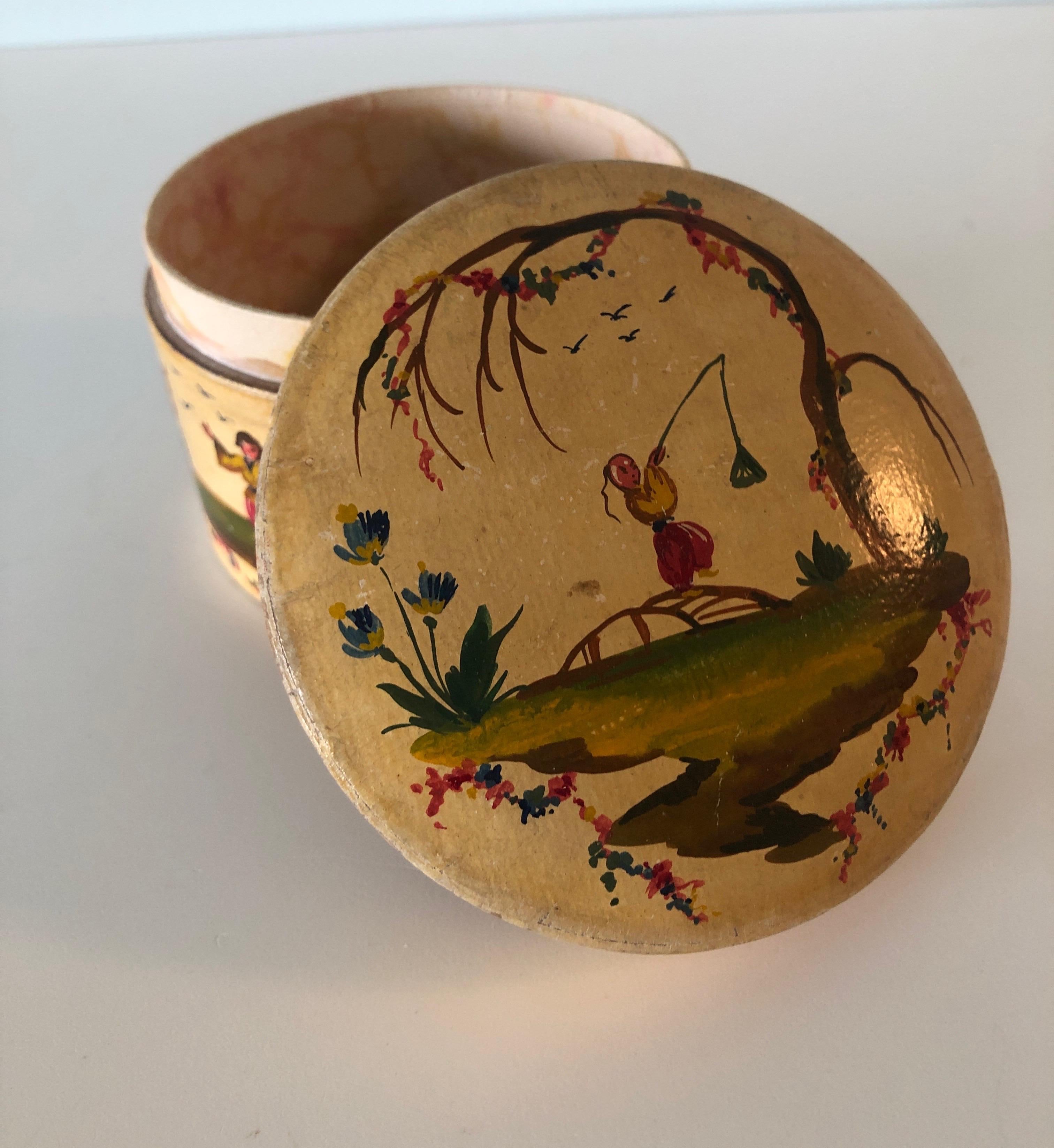 Vintage Round Chinoiserie Theme Papier-Mache Decorative Box 3