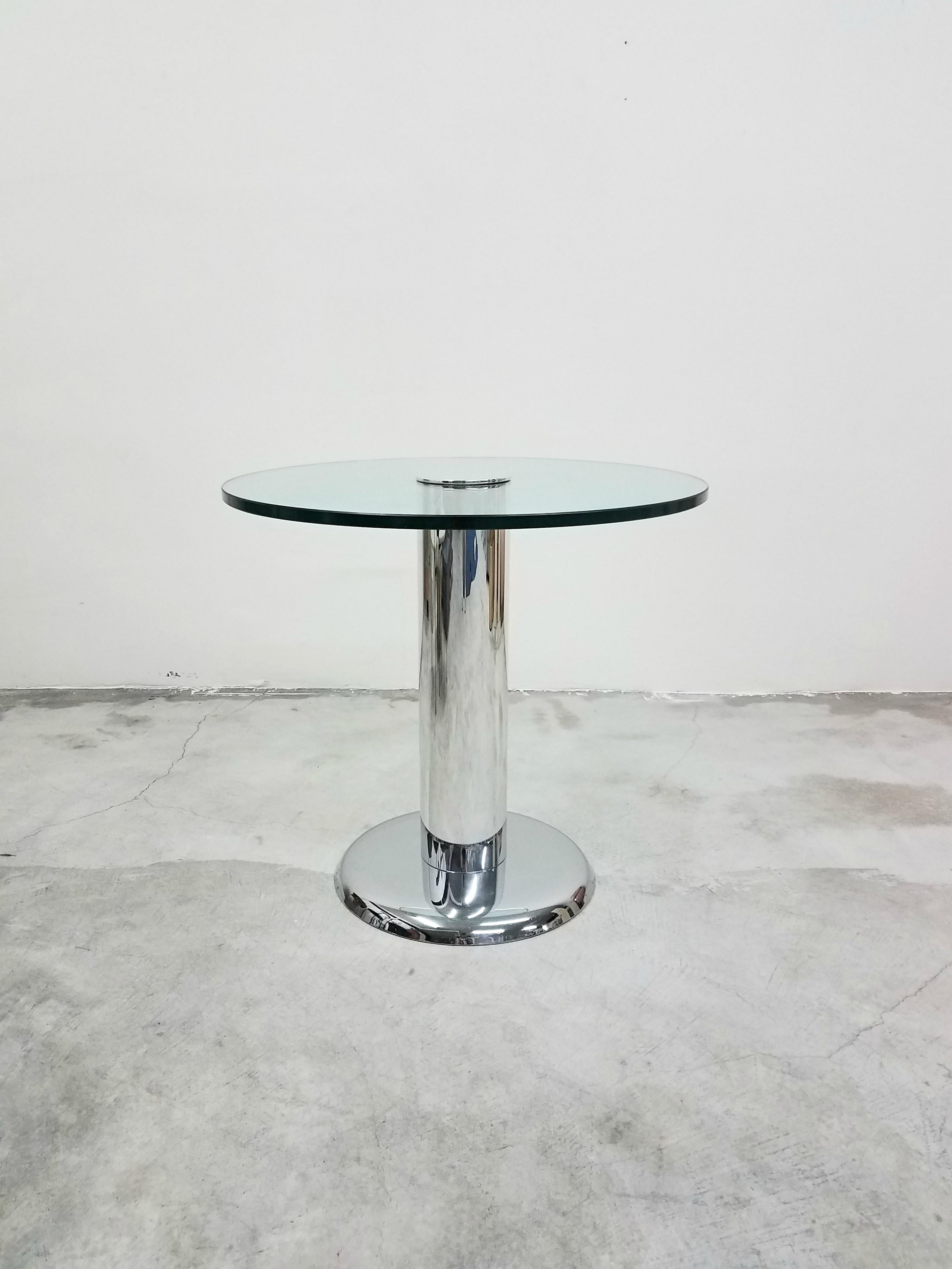 Polished Vintage Round Chrome and Glass Center Table For Sale