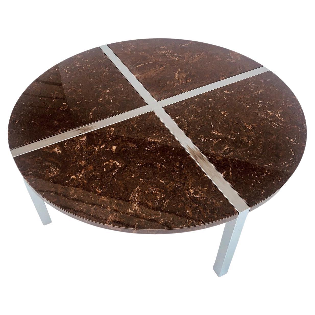 Vintage Round Coffee Table in Chrome and Marble Resin in the Style of