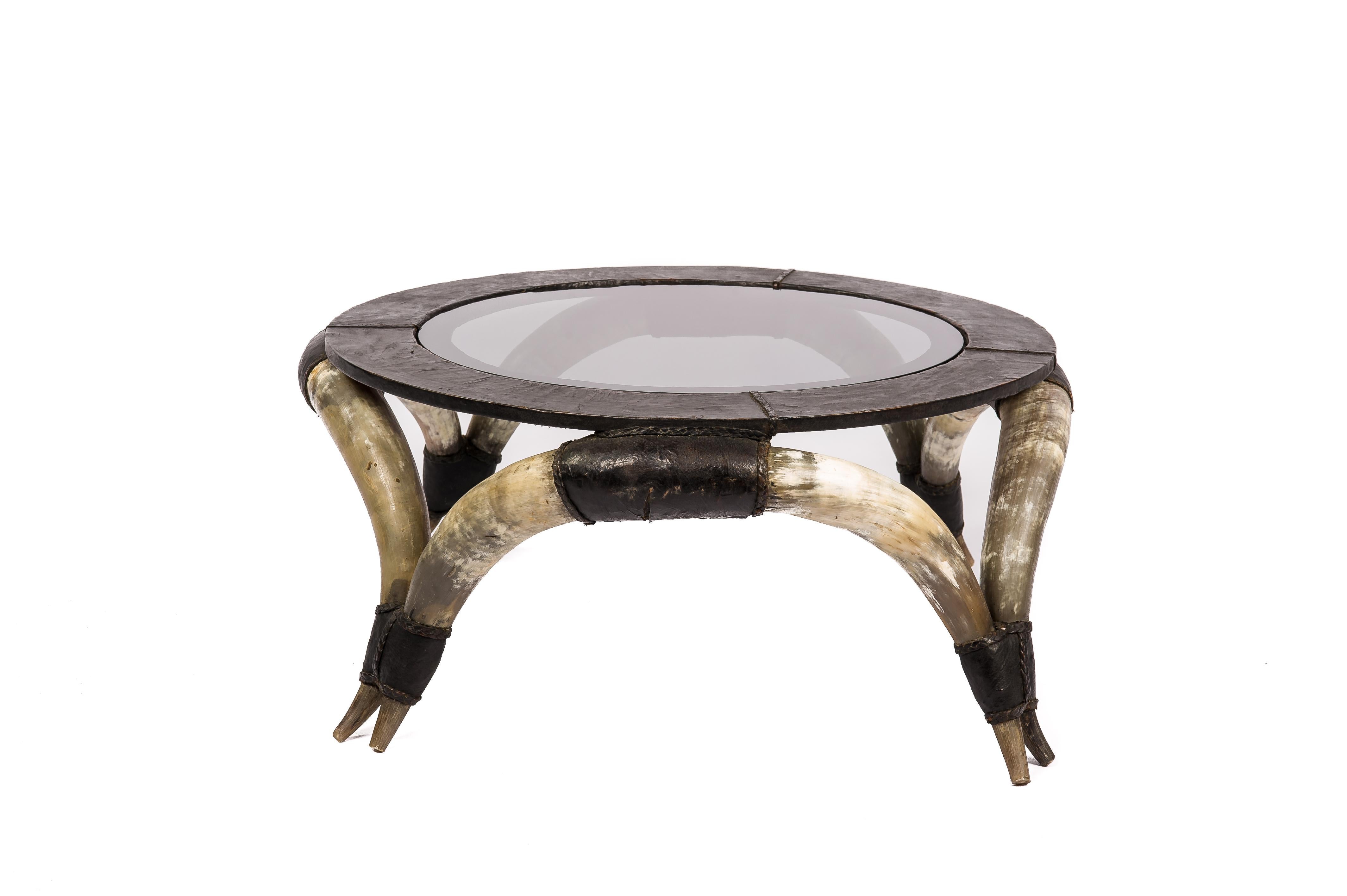 French Vintage Round Coffee Table with Bull Horns, Black Leather, and Smoked Glass For Sale