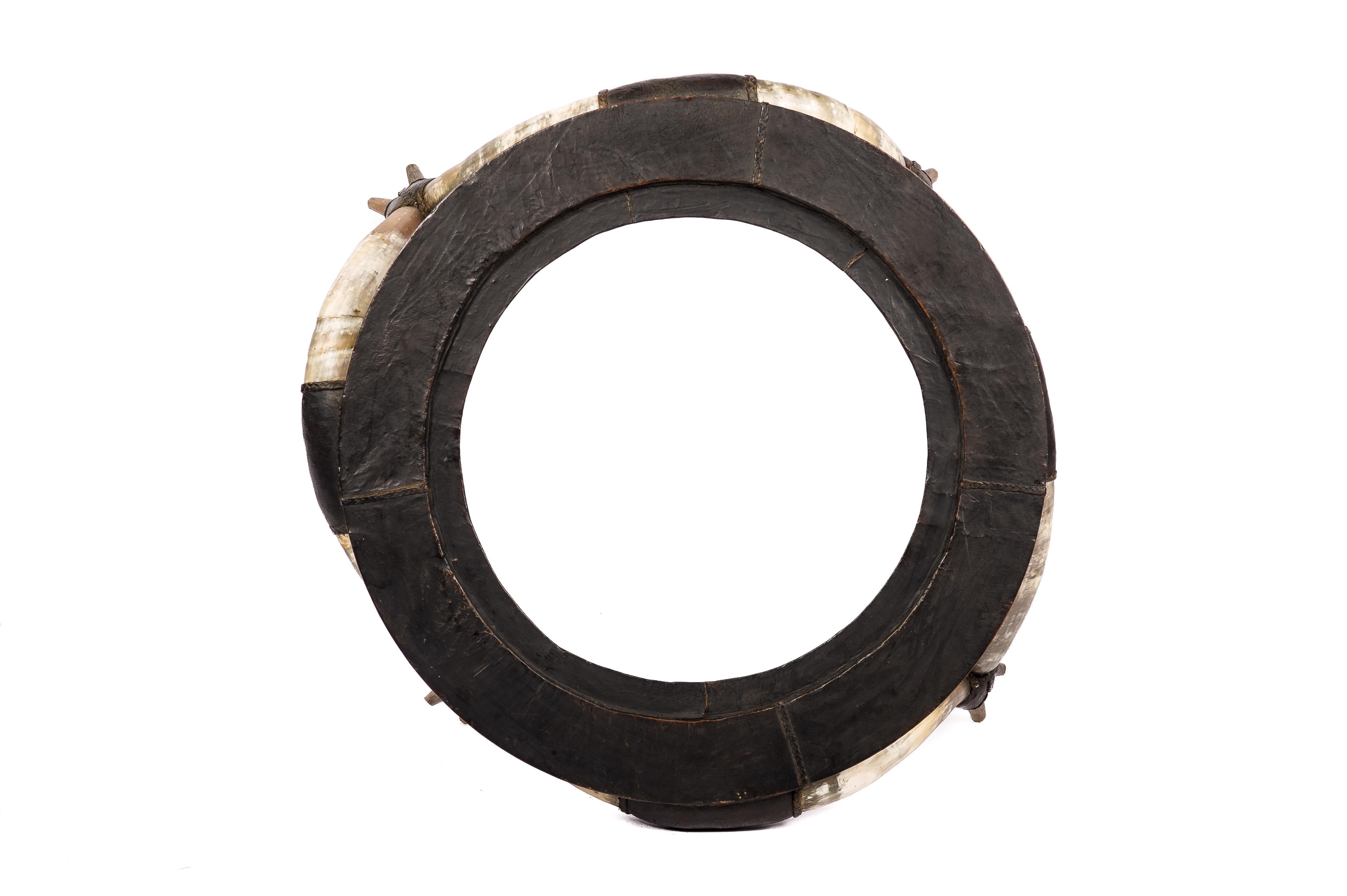 French Vintage Round Coffee Table with Bull Horns, Black Leather, and Smoked Glass For Sale