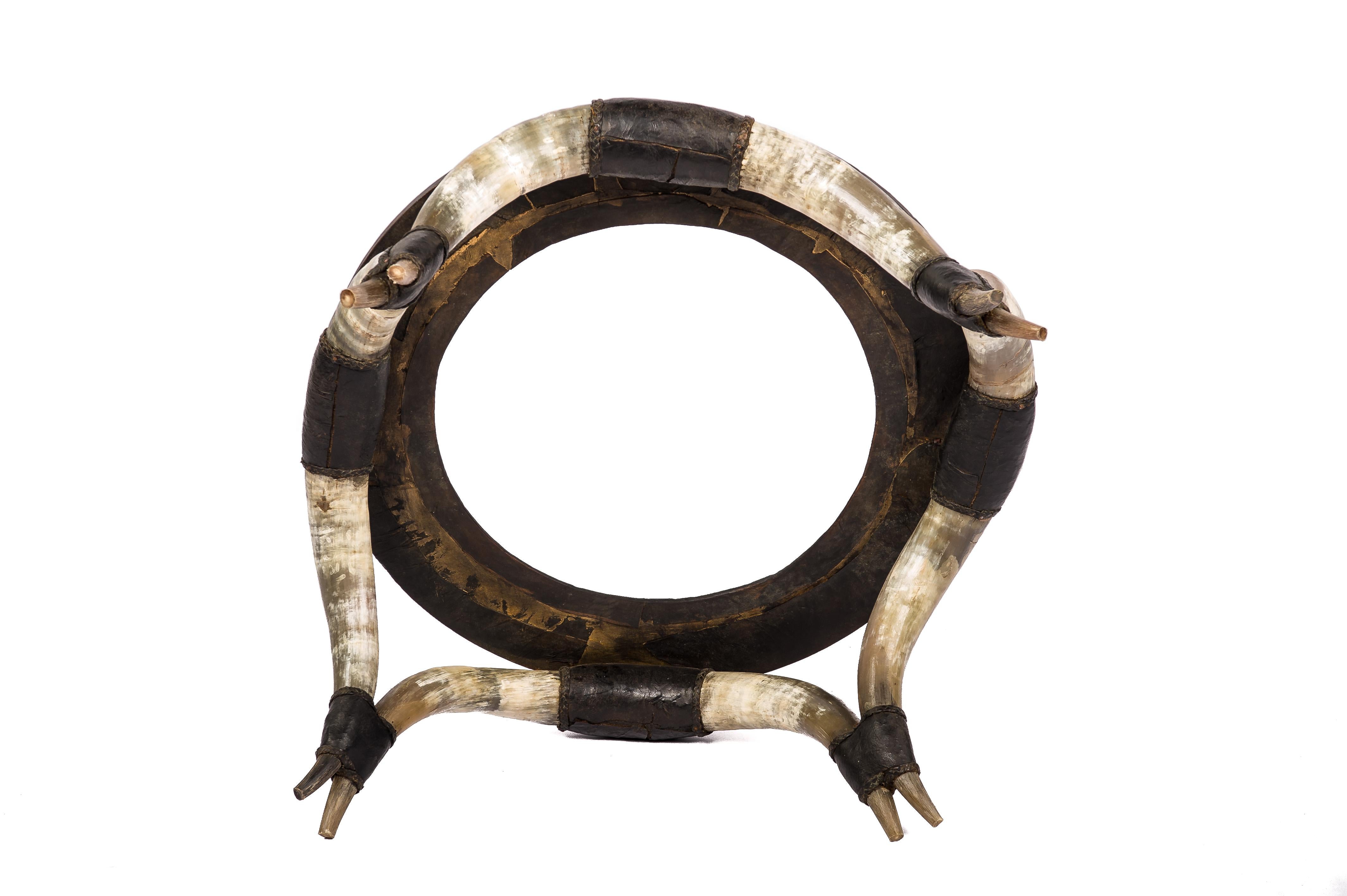 Vintage Round Coffee Table with Bull Horns, Black Leather, and Smoked Glass For Sale 1