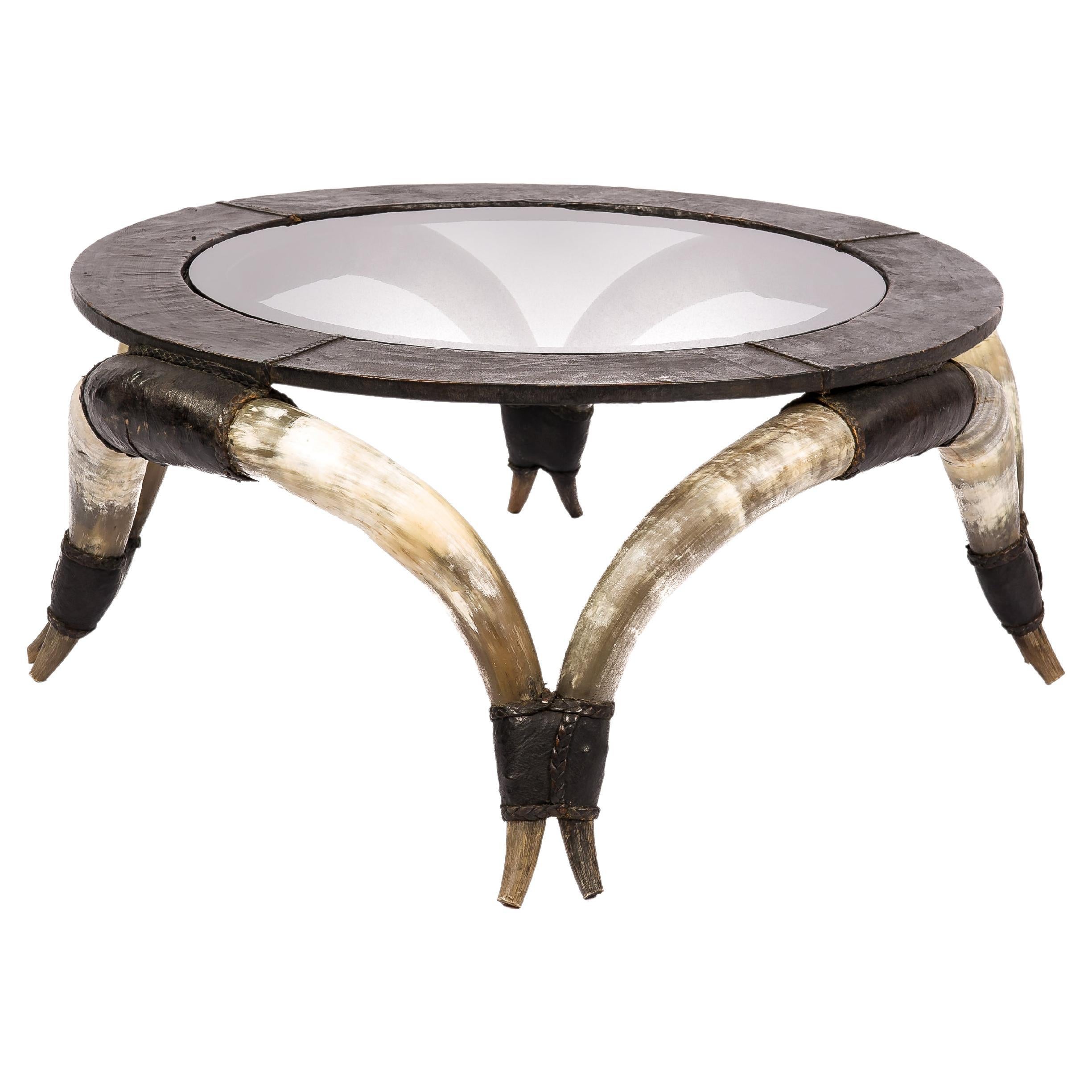 Vintage Round Coffee Table with Bull Horns, Black Leather, and Smoked Glass For Sale