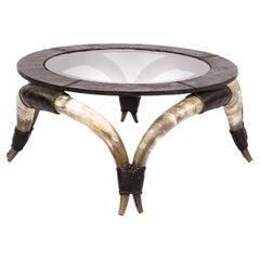 Used Round Coffee Table with Bull Horns, Black Leather, and Smoked Glass