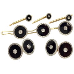 Vintage Round Cuff Link and Shirt Stud Set Diamond, Onyx 14 Karat and Platinum