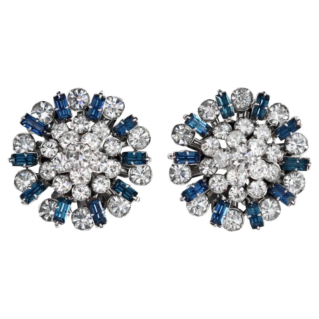 Vintage Round and Baguettes with Sapphire Blue Earrings Circa 1960s