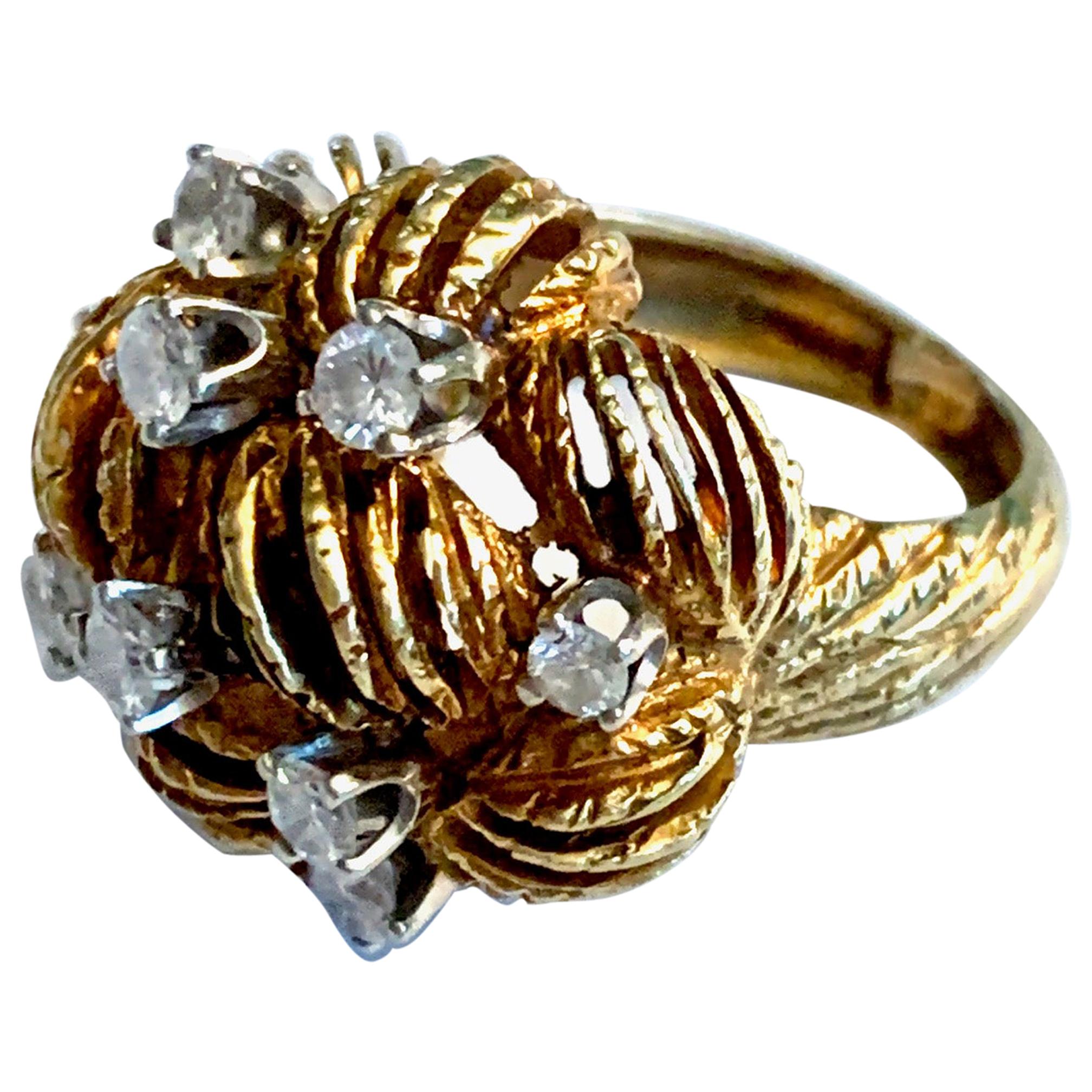 Vintage Round Cut Diamond 18 Karat Yellow Gold Dome Ring - Size 4