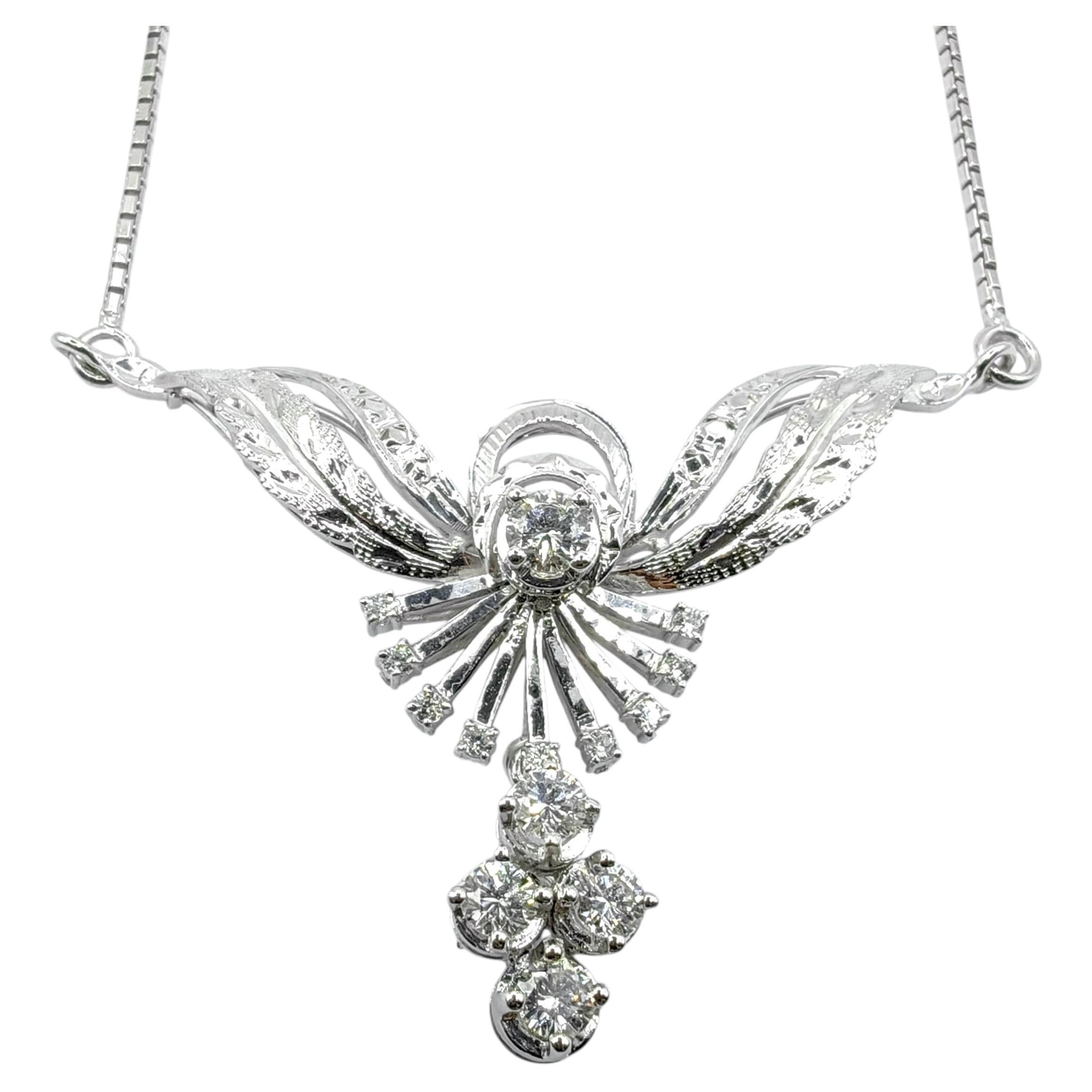 Vintage Round Cut Diamond Angel Wing & Sunburst Necklace in 18K White Gold