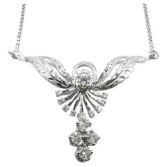 Vintage Round Cut Diamond Angel Wing & Sunburst Necklace in 18K White Gold