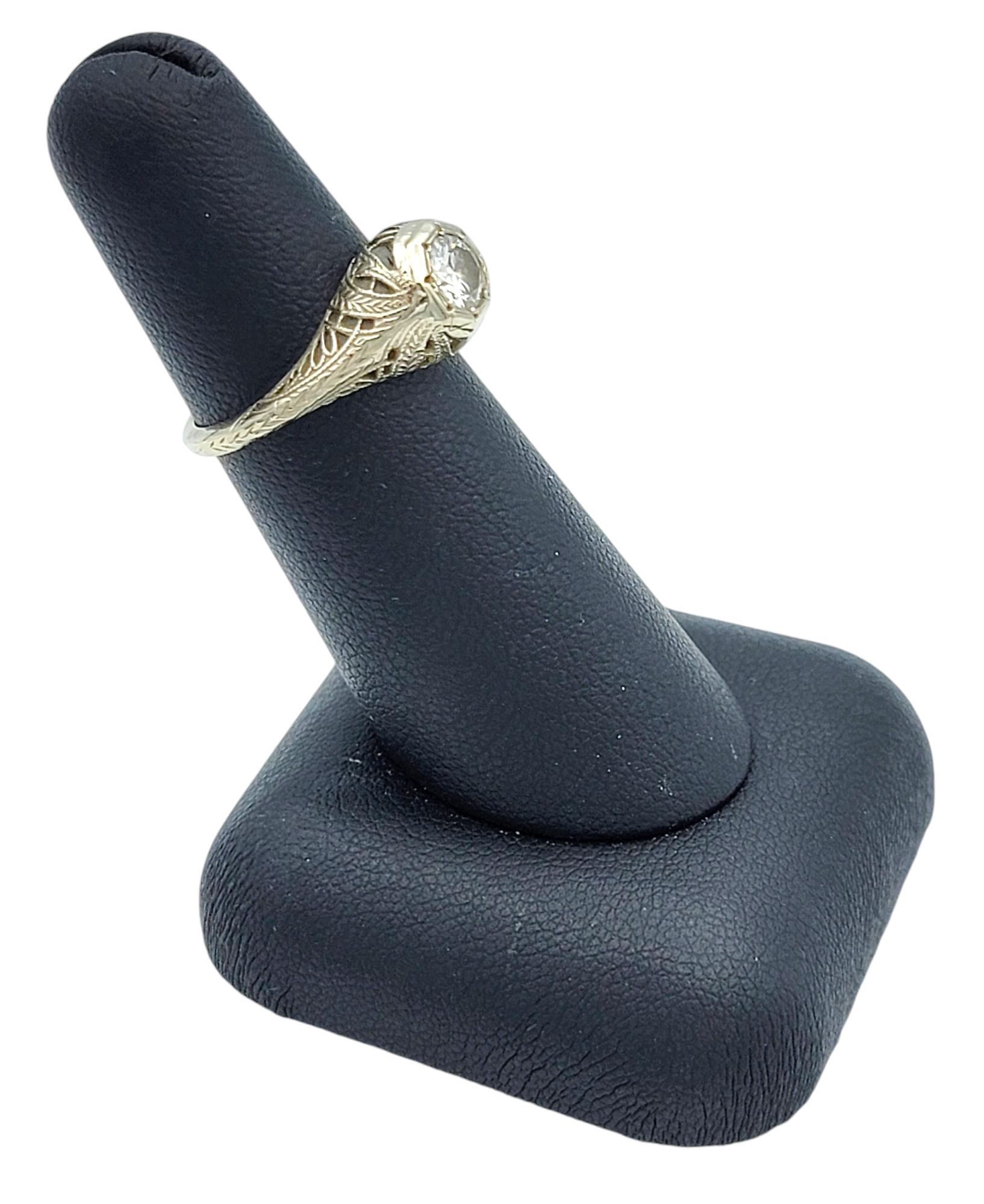 Vintage Round Cut Diamond Solitaire Filigree Ring in 14 Karat White Gold For Sale 5