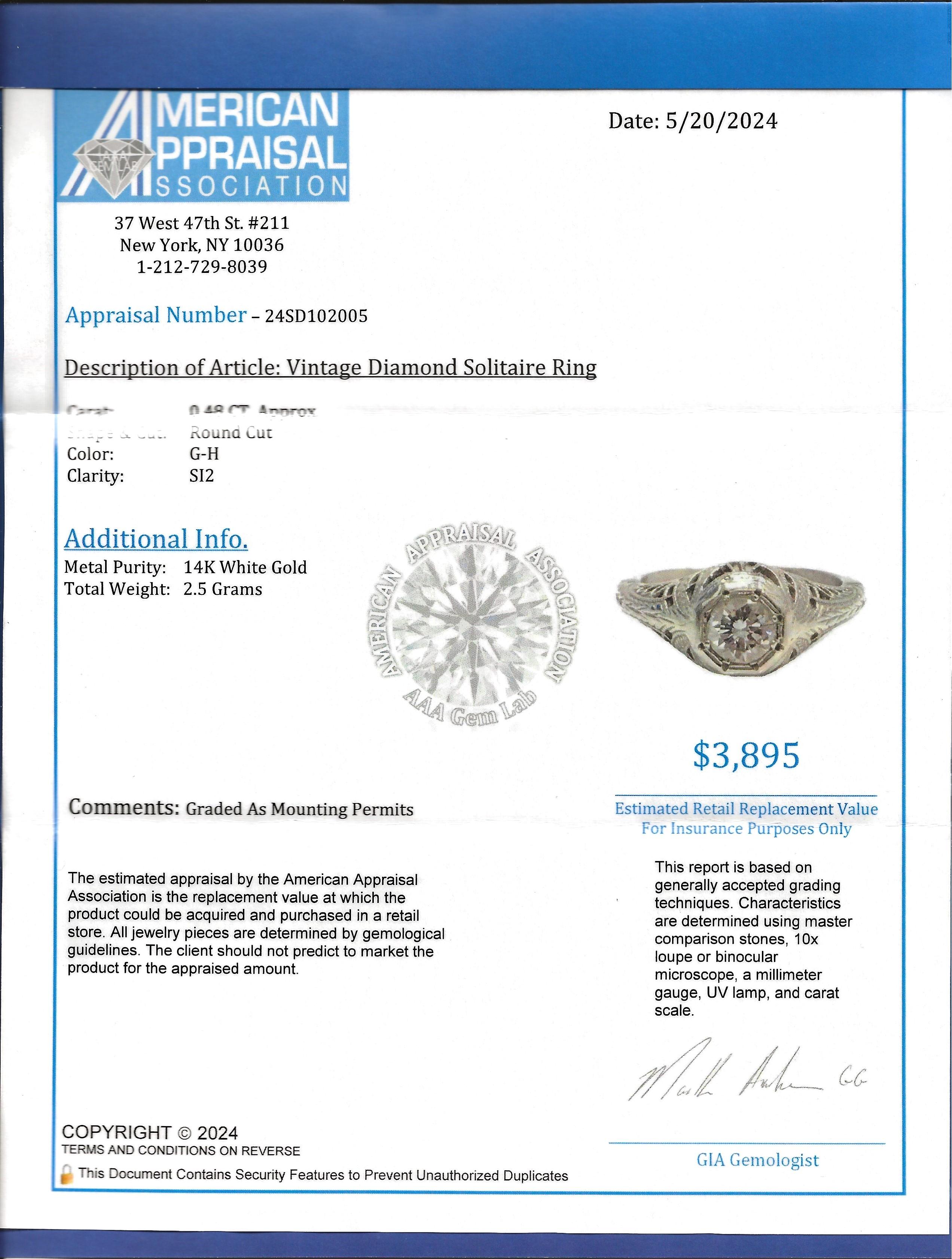 Vintage Round Cut Diamond Solitaire Filigree Ring in 14 Karat White Gold For Sale 6