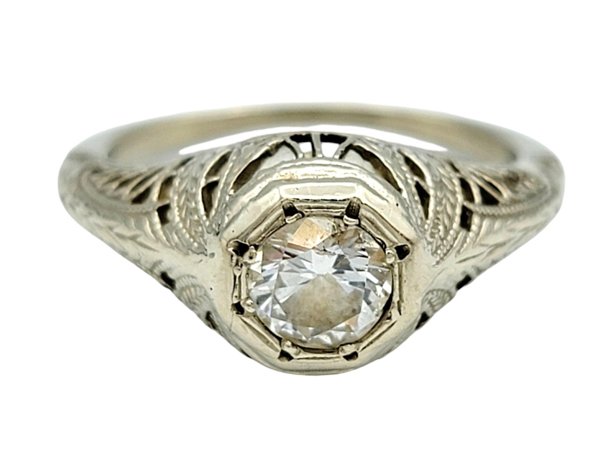 Contemporary Vintage Round Cut Diamond Solitaire Filigree Ring in 14 Karat White Gold For Sale