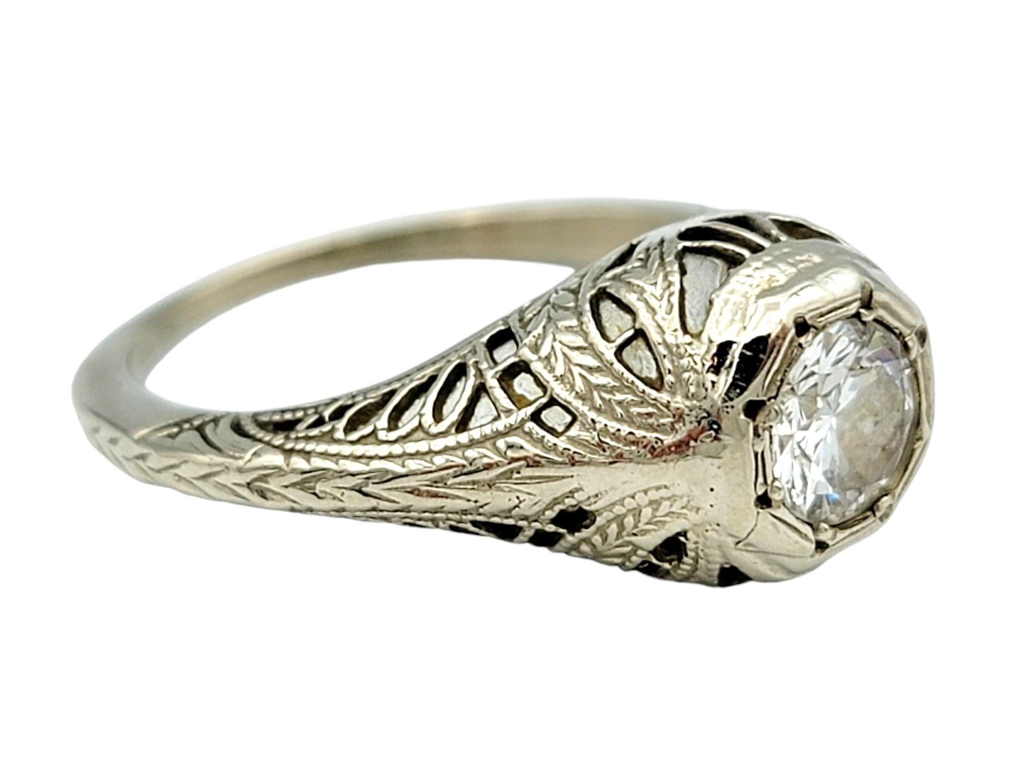 Women's Vintage Round Cut Diamond Solitaire Filigree Ring in 14 Karat White Gold For Sale