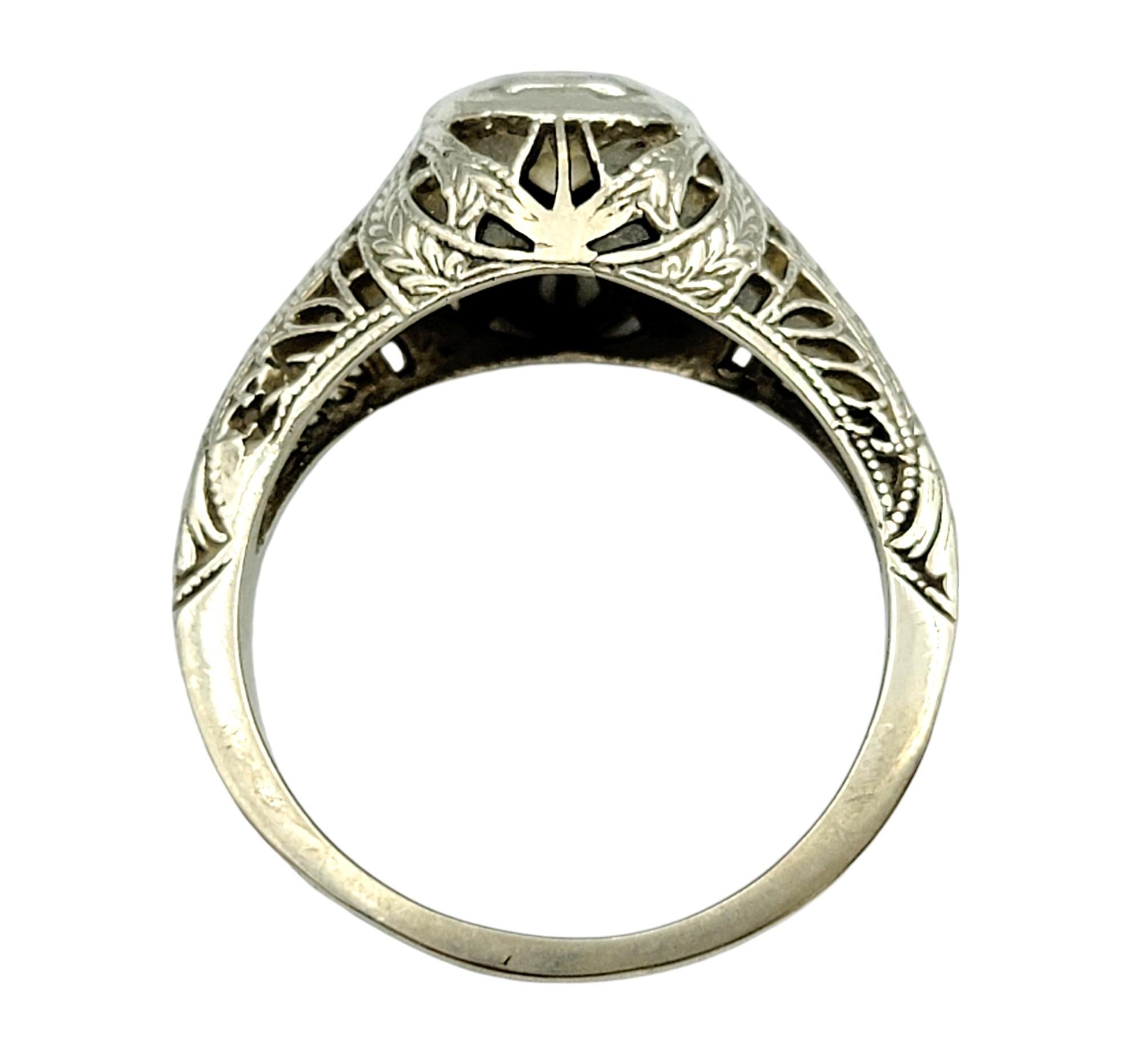 Vintage Round Cut Diamond Solitaire Filigree Ring in 14 Karat White Gold For Sale 1