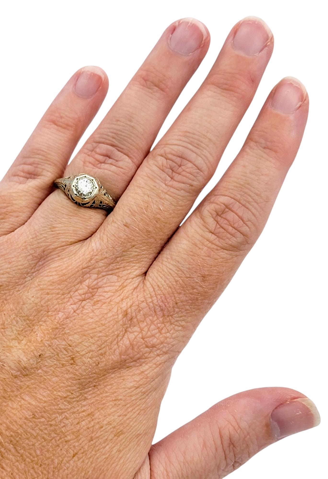 Vintage Round Cut Diamond Solitaire Filigree Ring in 14 Karat White Gold For Sale 2
