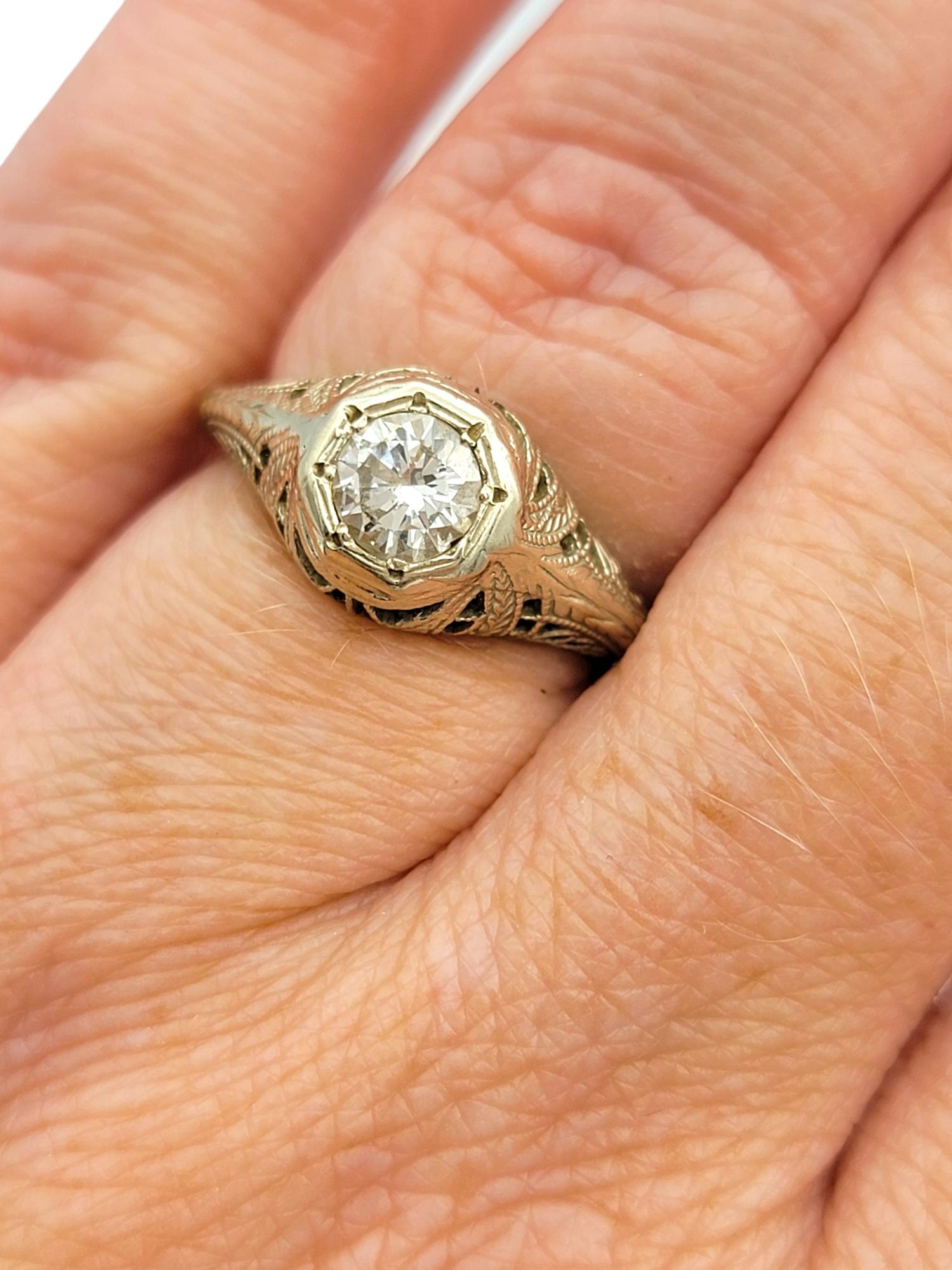 Vintage Round Cut Diamond Solitaire Filigree Ring in 14 Karat White Gold For Sale 3