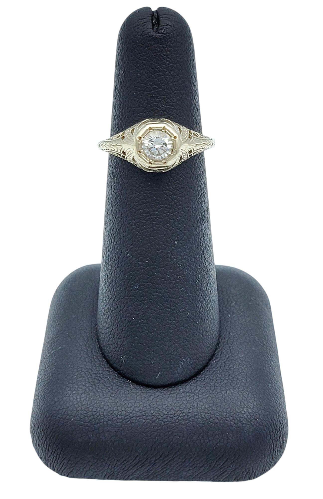Vintage Round Cut Diamond Solitaire Filigree Ring in 14 Karat White Gold For Sale 4