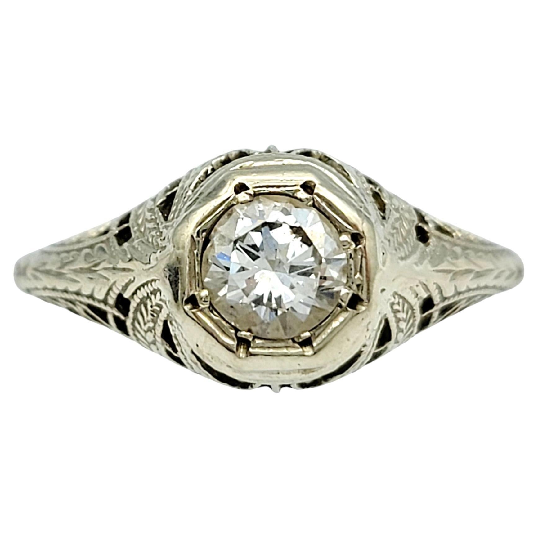 Vintage Round Cut Diamond Solitaire Filigree Ring in 14 Karat White Gold