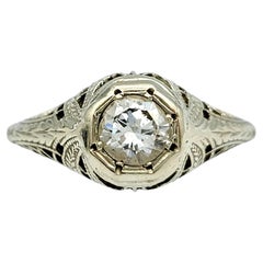 Vintage Round Cut Diamond Solitaire Filigree Ring in 14 Karat White Gold