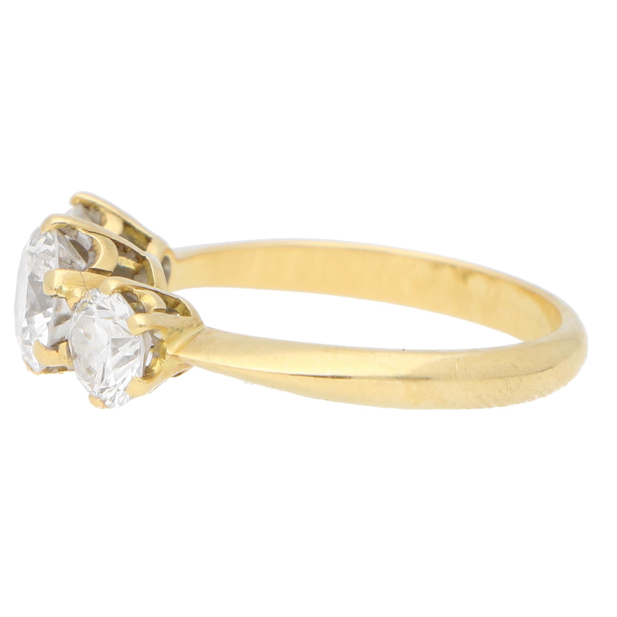 Women's or Men's Vintage Round Cut Diamond Three Stone Engagement Ring Set in 18k Yellow Gold
