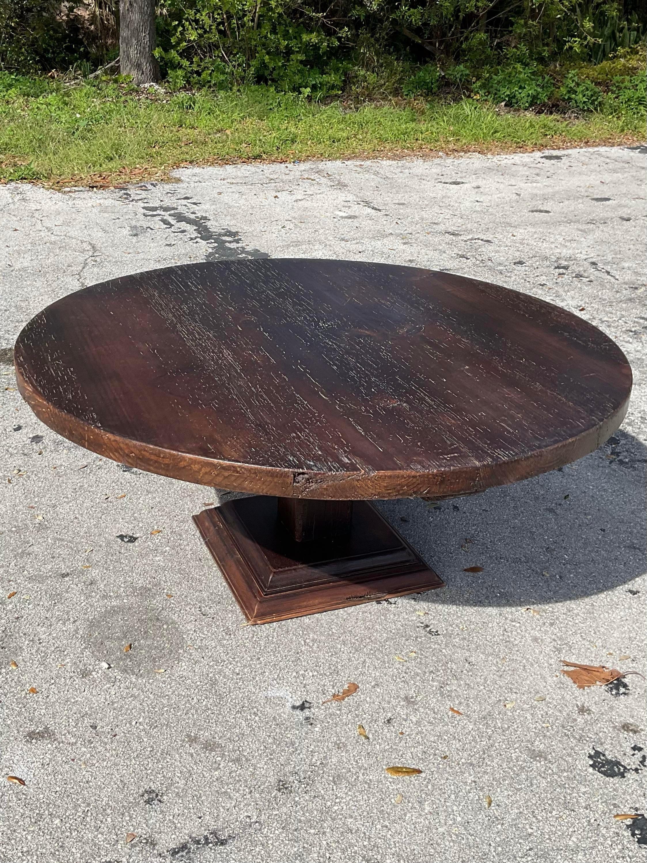 Rustic Vintage Round Dark Cypress Farm Table Entry Table For Sale