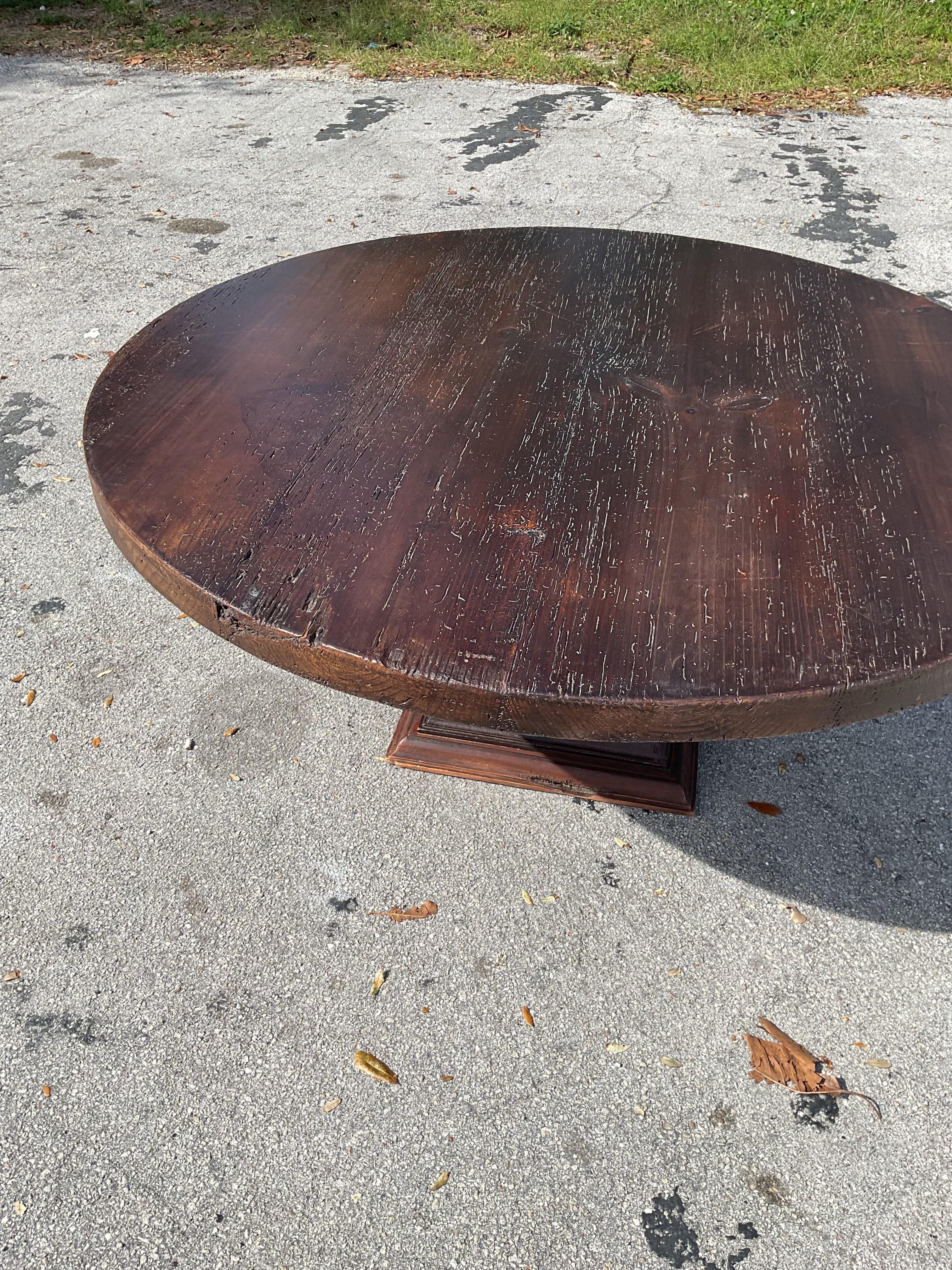 Vintage Round Dark Cypress Farm Table Entry Table In Good Condition In west palm beach, FL